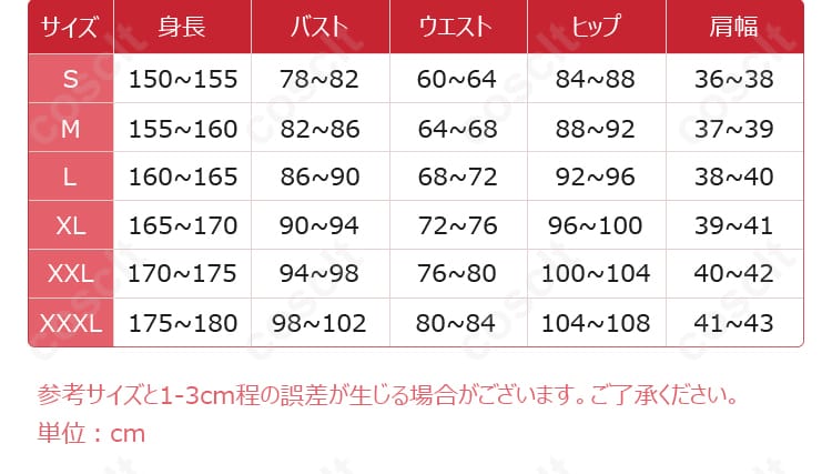 サイズと寸法対応データを示す画像。コスプレ衣装のサイズと寸法に関する詳細情報を提供する画像。