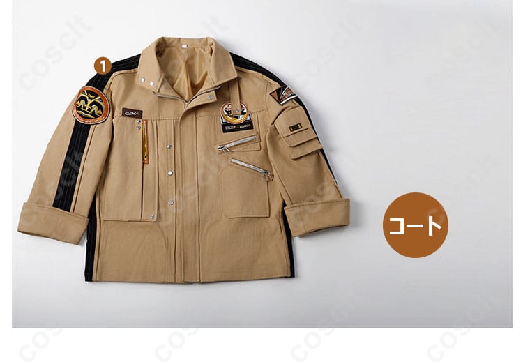 マヒルのコスプレ衣装のセット内容。コートと肩ベルトなど、フルセットが一目で分かるイメージ。