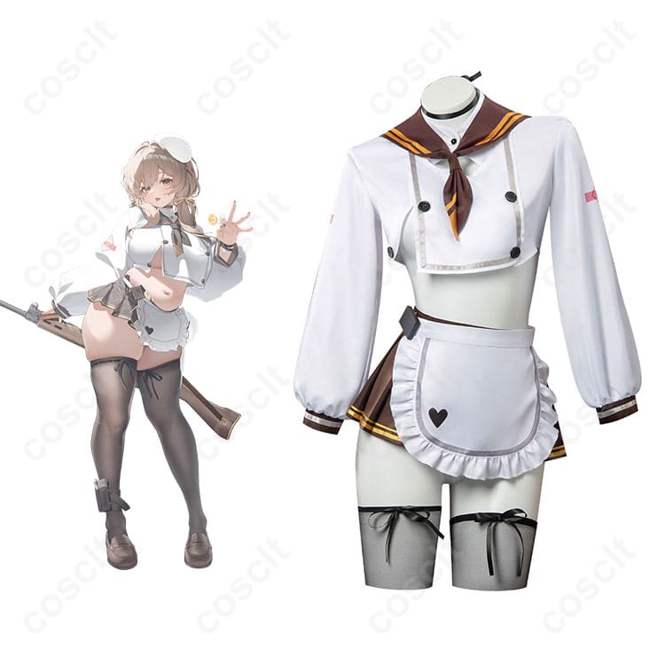 商品服装とキャラクターが一緒に写った画像。ブレッディのコスプレ衣装、ゲーム「NIKKE」キャラクターの忠実再現。