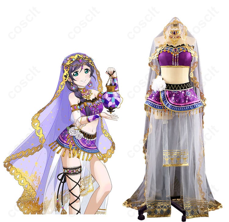 商品正面とキャラクター東條希のコスプレ衣装を着た画像 - ラブライブ！ コスプレ衣装の特徴が分かる。