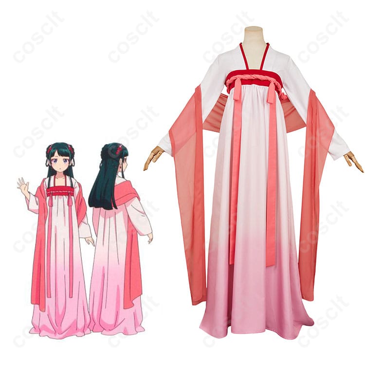 商品服装とキャラクターの結びつきを示した画像。猫猫（マオマオ）のコスプレ衣装とアニメのキャラクターが忠実に再現されています。