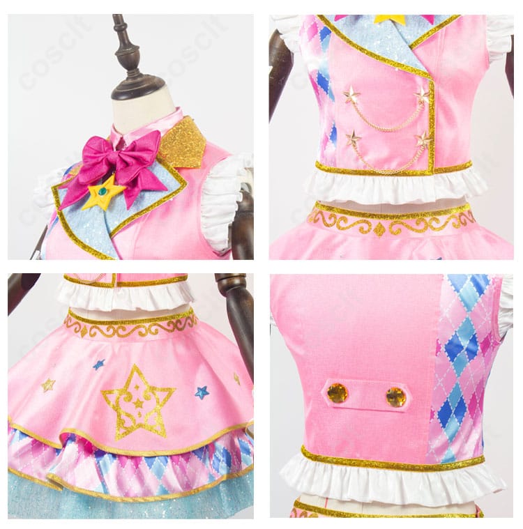 服装装飾のディテール。虹野ゆめのコスプレ衣装の細かい装飾（刺繍や花柄）を詳しく見せた画像。