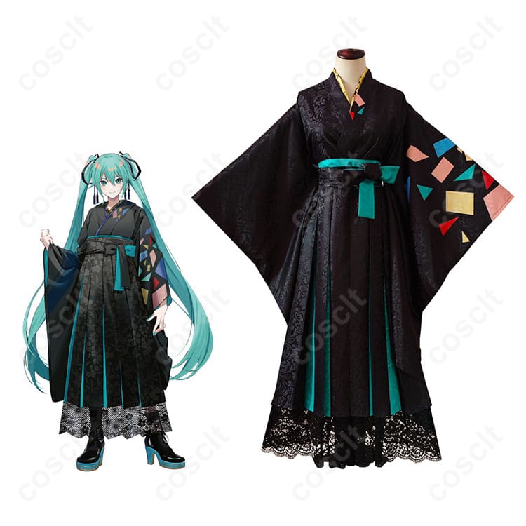 初音ミクのコスプレ衣装の正面とキャラクター初音ミクのコスプレシーン。美しいデザインと忠実再現。今すぐチェック！