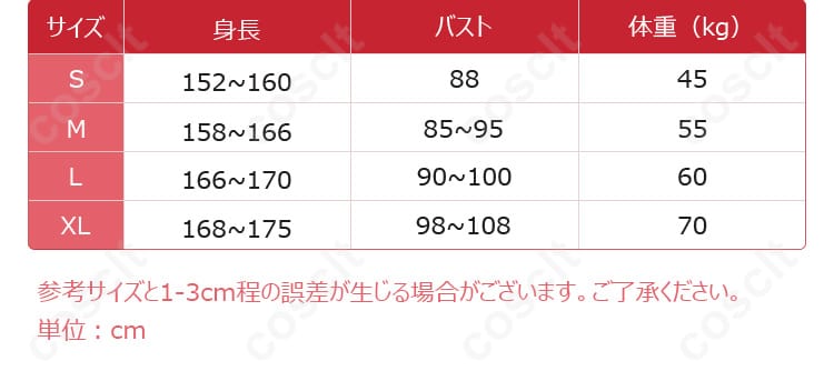 初音ミクコスプレ衣装のサイズガイド。適切なサイズ選びのために確認してください。